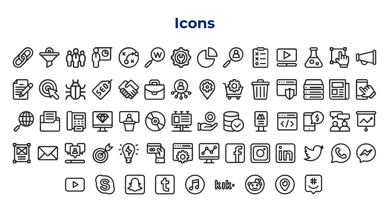 Blue centered heading followed by a uniform set of outlined icons in rows over a plain white slide.