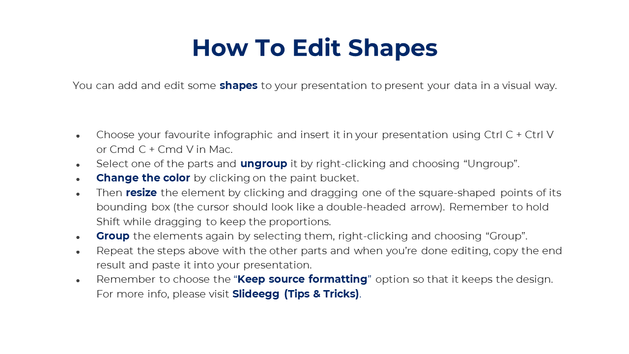 White background with bold blue header centered at top, followed by a bulleted instructional list in black serif font.
