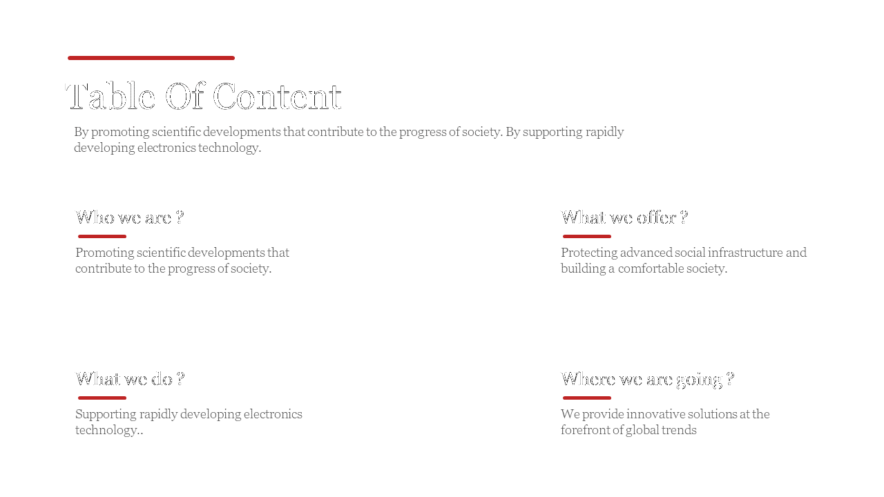 Table of content slide with a bold title, four sections of text, and red underlines on a white background.