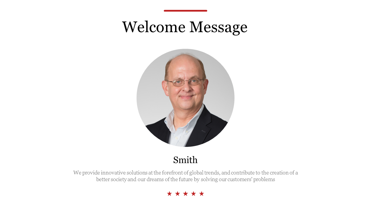 Welcome message slide with a centered circular profile image, bold name, descriptive text, and five red stars at the bottom.