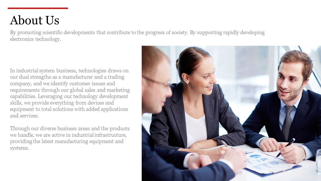 About us slide with a left aligned text block and a right side image of professionals in a business meeting.