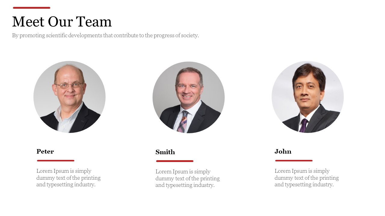 Team introduction slide with three circular profile photos, names in bold, and descriptions underlined in red.