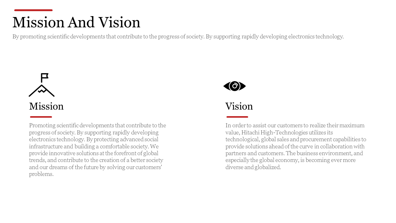 Mission and vision slide with black icons, red underlines, and two sections of text on a clean white background.