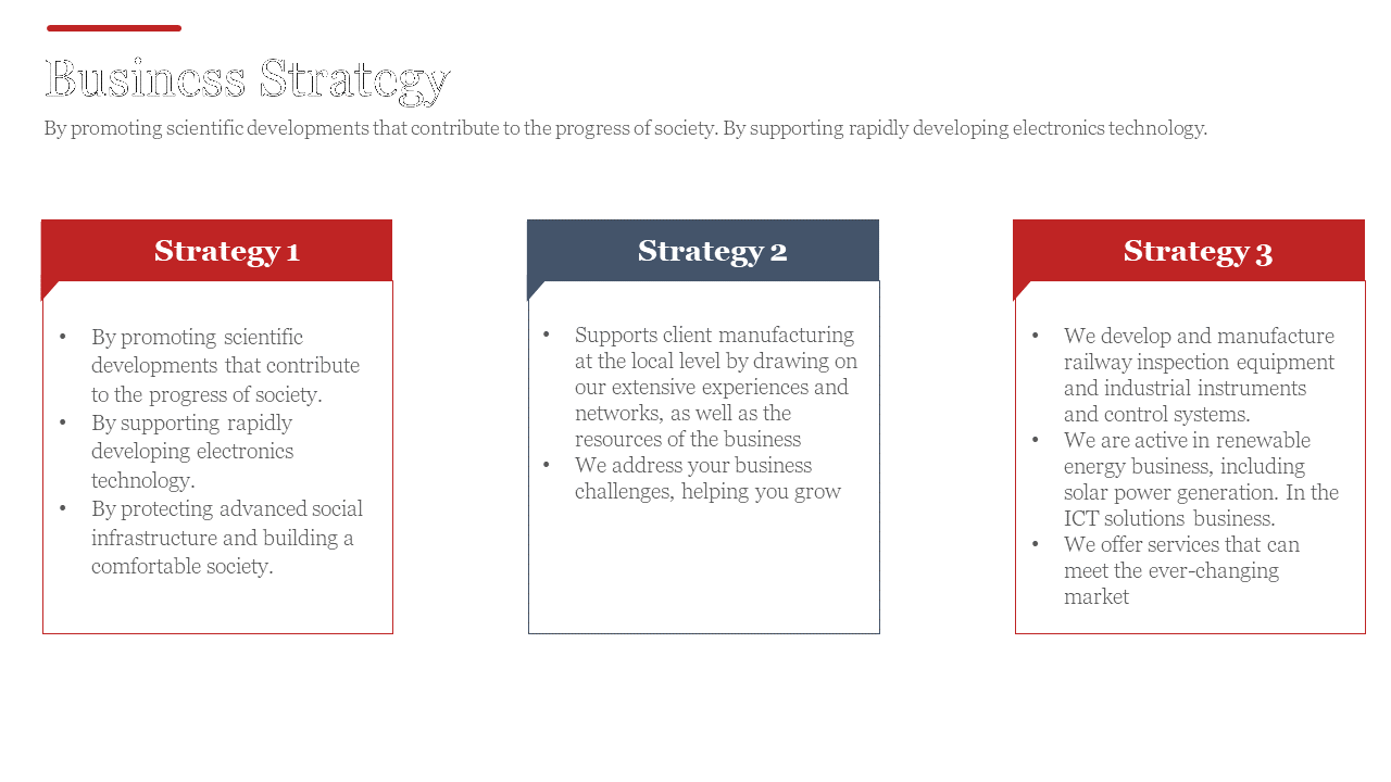 Business strategy slide featuring three rectangular boxes, with red and blue headers, and bullet points on a white backdrop.