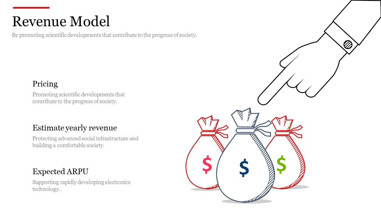 Revenue model slide with financial concepts, featuring a hand pointing three money bags in red, blue, and green outlines.