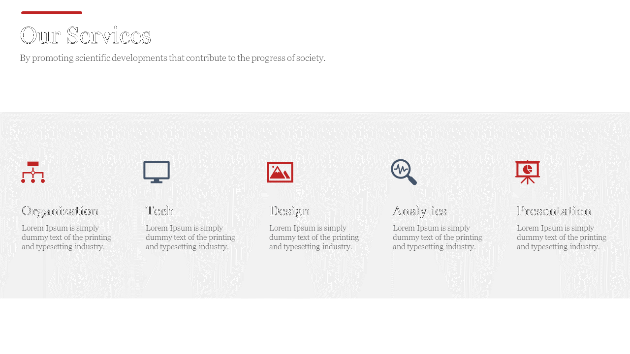 Visually structured services slide featuring five categories, each represented by a red and blue icon and text.