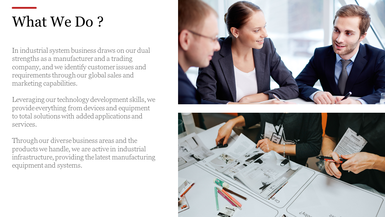 Company overview slide with text explaining business strengths, alongside two images of professionals in discussions.