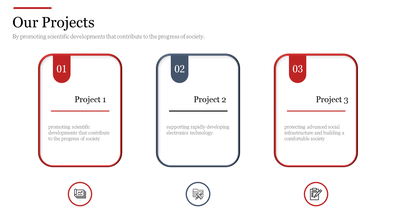 Project slide featuring three rounded cards with red and blue accents, numbered sections, and icons below each.