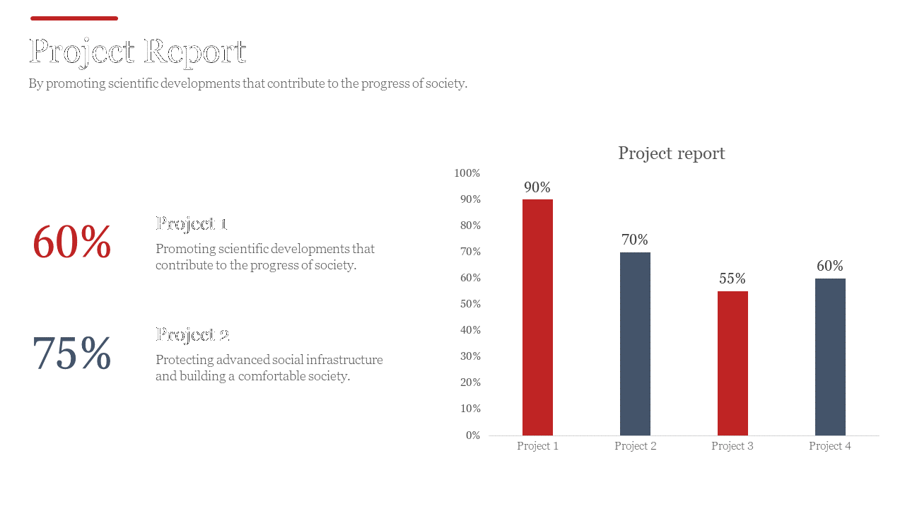 Project report slide with red and blue bar charts, bold percentage figures, on a clean white background with black text.
