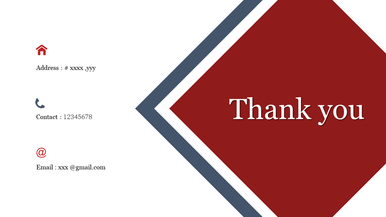 Thank you slide featuring a red diamond overlay, with navy border, and contact icons on the left white background.
