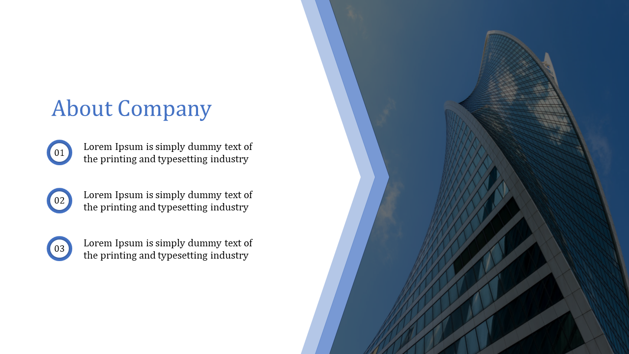 About the company presentation slide featuring three bullet points and a large building image in the background.