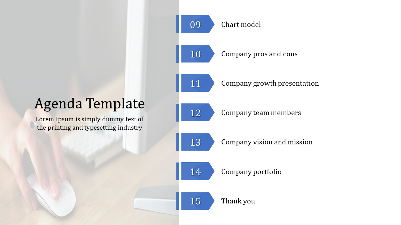 Agenda PPT slide with topics alongside an image of a hand holding a computer mouse on a white backdrop.