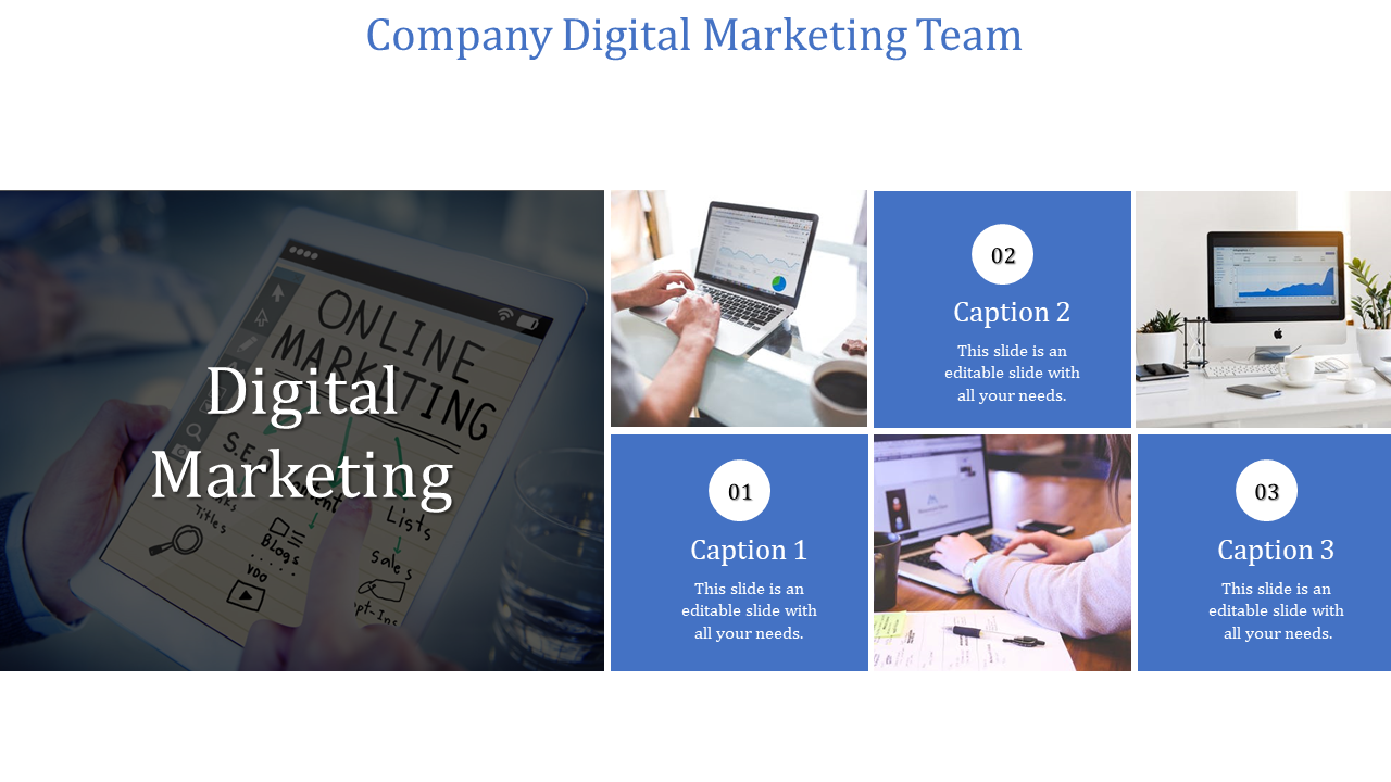 Company digital marketing team slide featuring images of a tablet with details and a laptop with analytics charts with text.