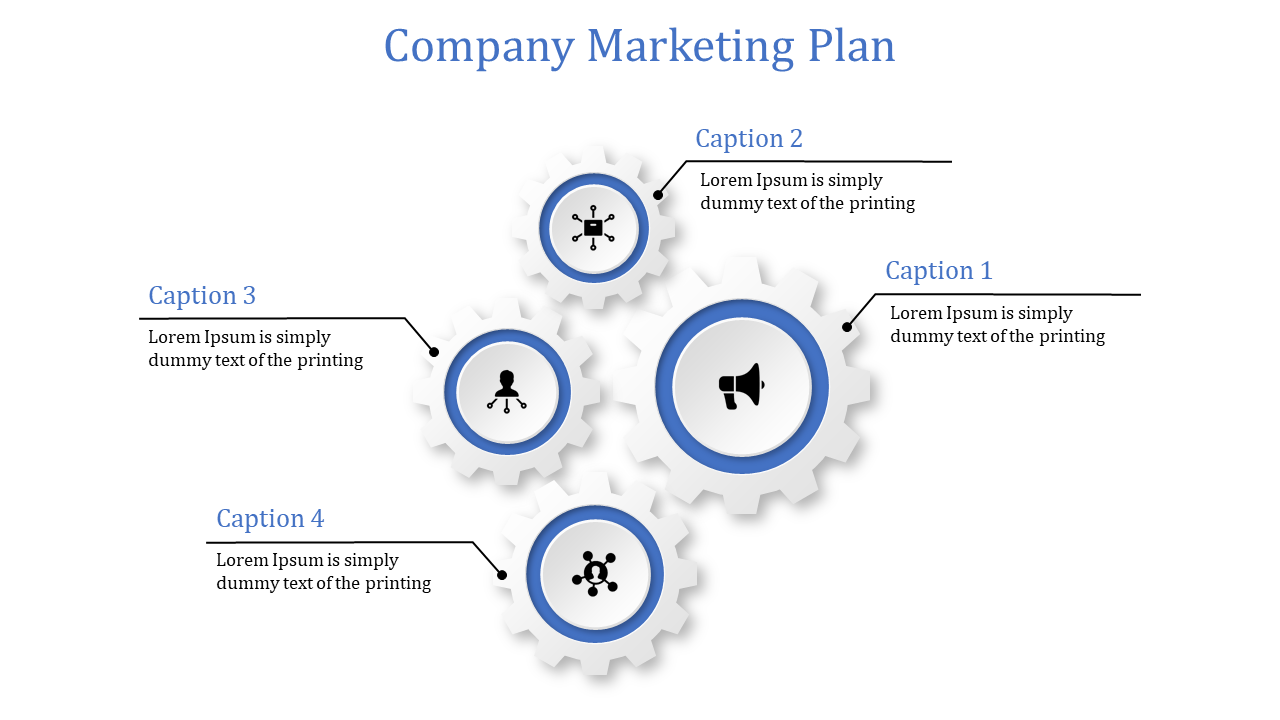Company marketing plan slide featuring four interlocking gears, each with different blue circular icons and captions.