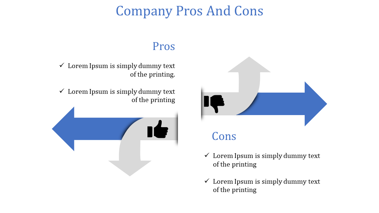 A slide comparing the pros and cons of a company with checkmarks and thumbs up for pros, and thumbs down for cons.