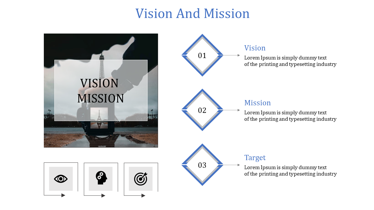 A slide presenting the company's vision, mission, and target with icons and text placeholders on a white backdrop.