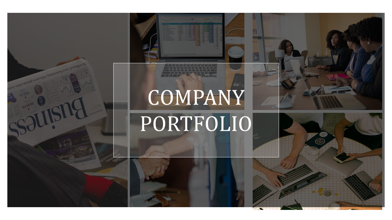 Company portfolio image highlighting business strategy, teamwork, and project discussions with images of office work.