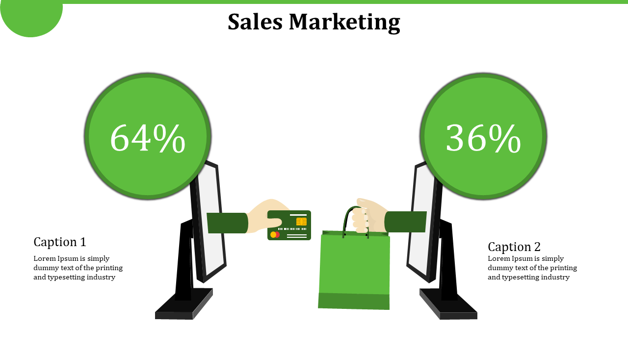 Sales marketing slide with two figures holding a credit card and shopping bag, with percentages in green circles.