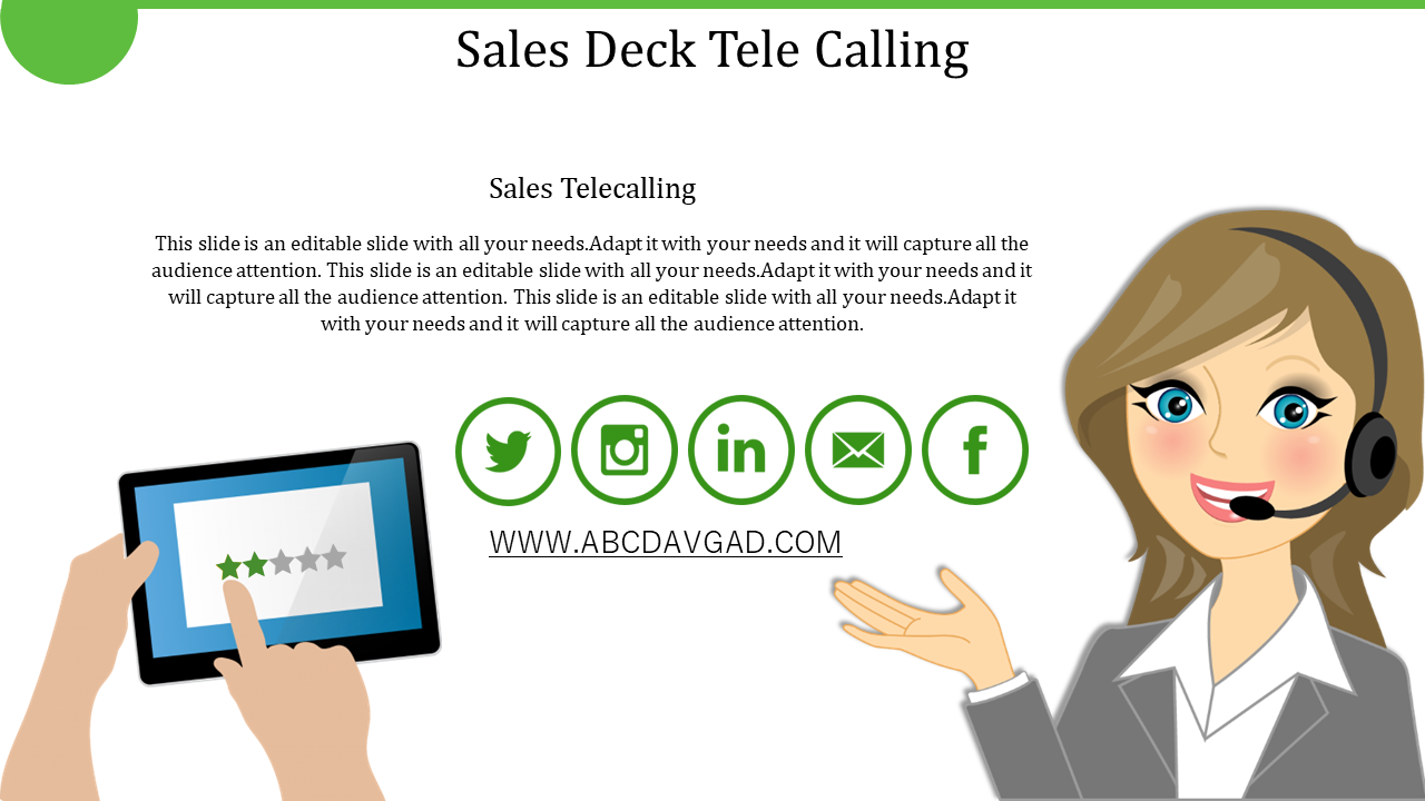 Telecalling sales deck slide featuring a smiling woman with a headset, holding a tablet and green social media icons below.