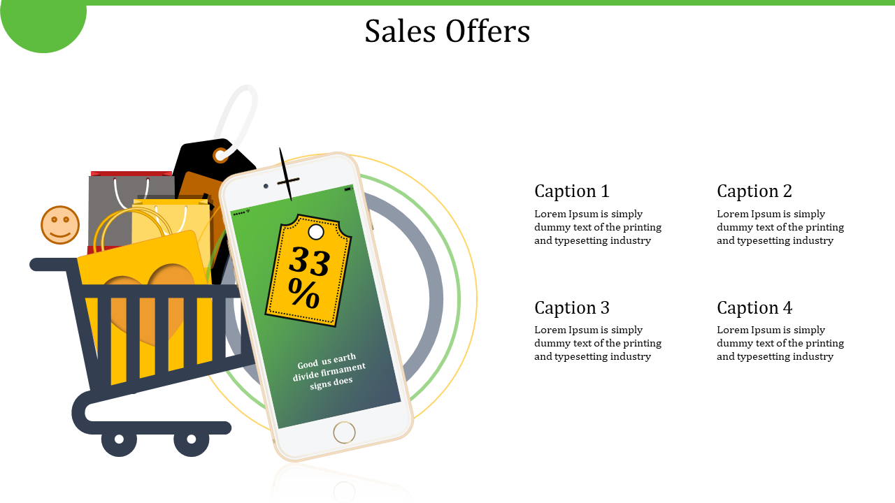 Colorful sales offers slide with a shopping cart, a smartphone displaying a 33 percent discount and shopping bags with emoji.