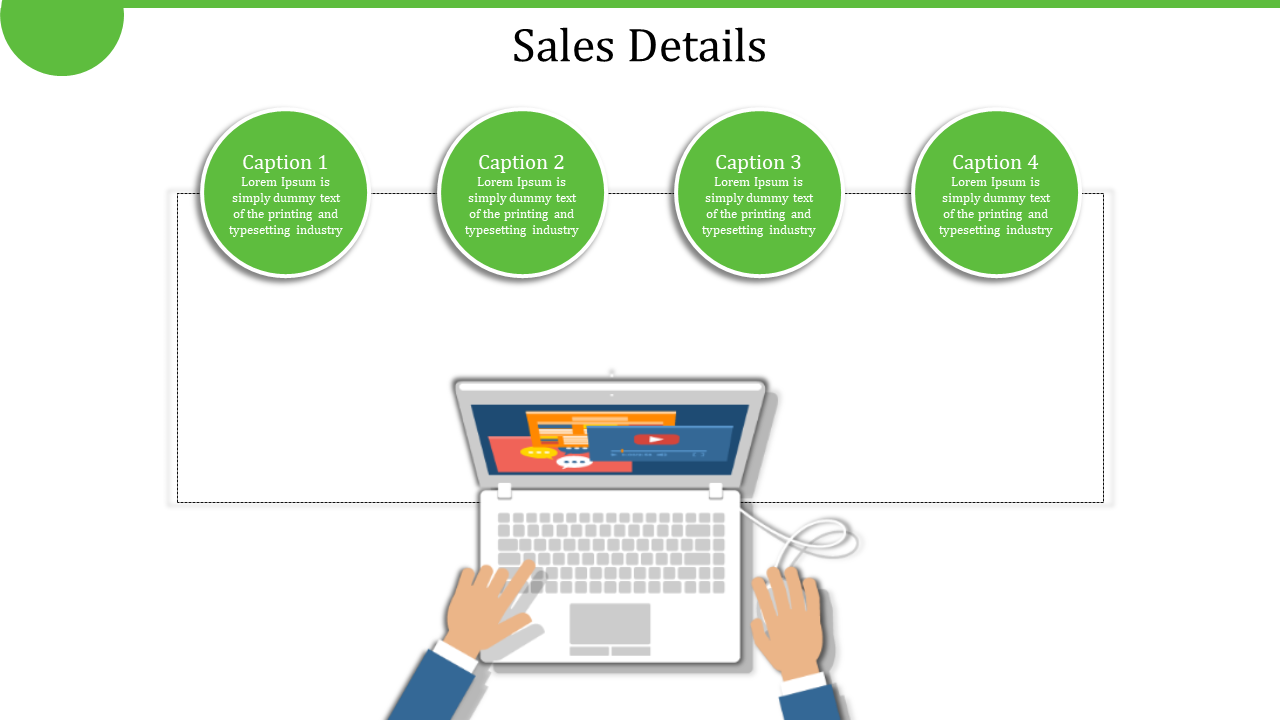 Sales details slide with a laptop showing a YouTube video and four green caption circles above it on a white backdrop.