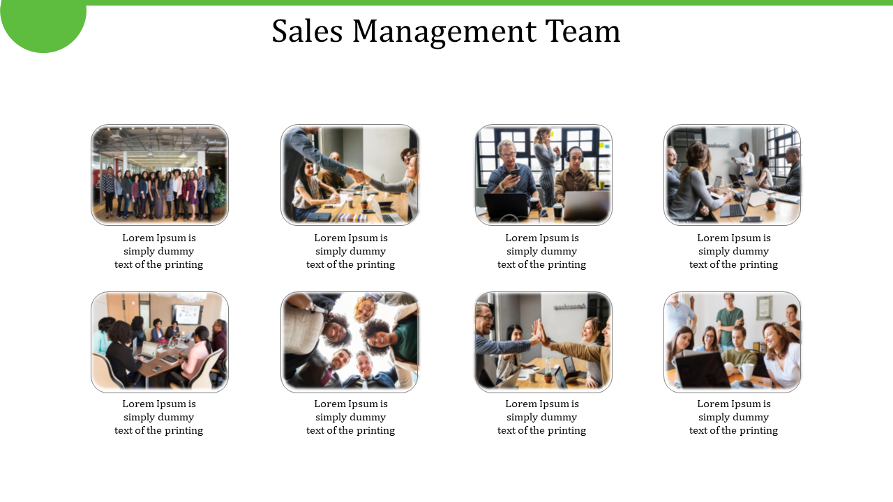 A grid of eight images showcasing a sales management team collaborating in various office settings in a white theme.