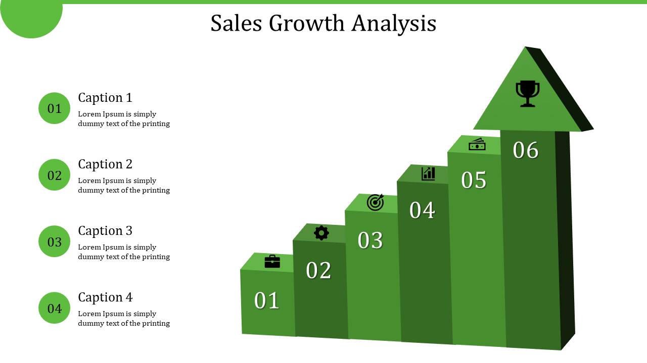 Green sales growth analysis with six green steps, highlighting important progress points and a trophy symbol at the top.