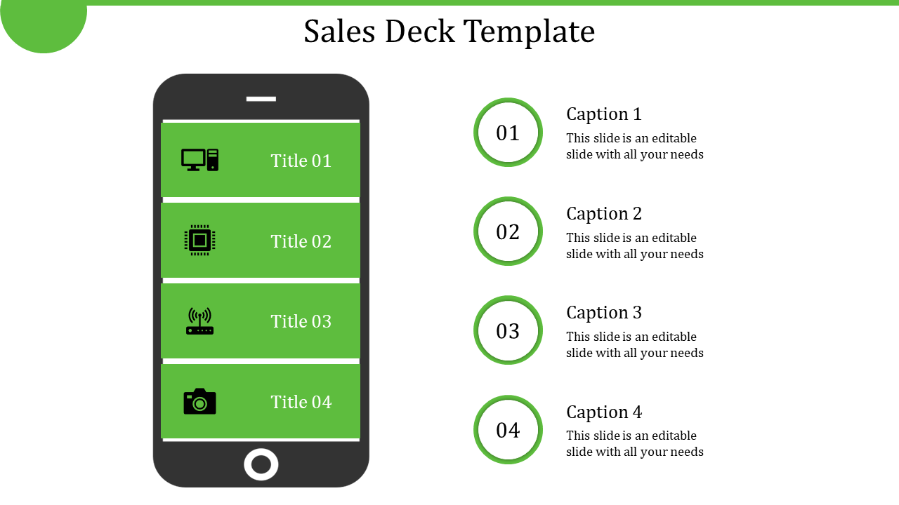 Sales deck template with a green phone screen featuring four sections labeled title 01 to 04, with icons and captions.