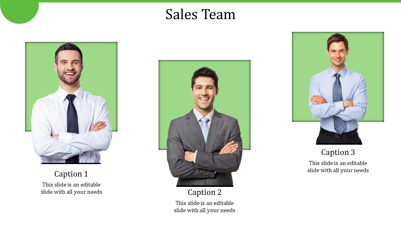 Three professional men in business attire posing with arms crossed, representing a sales team, against a green background.