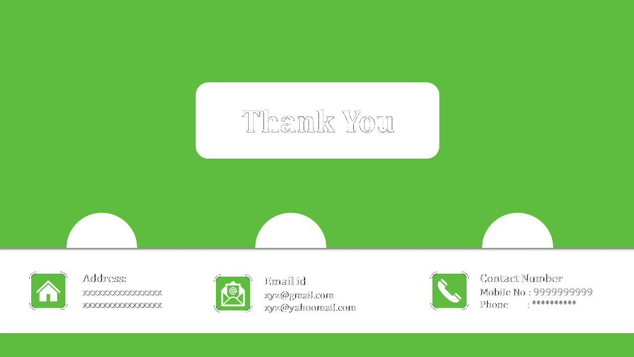 A thank you slide with contact details, including address, email IDs, and contact numbers, displayed on a green background.