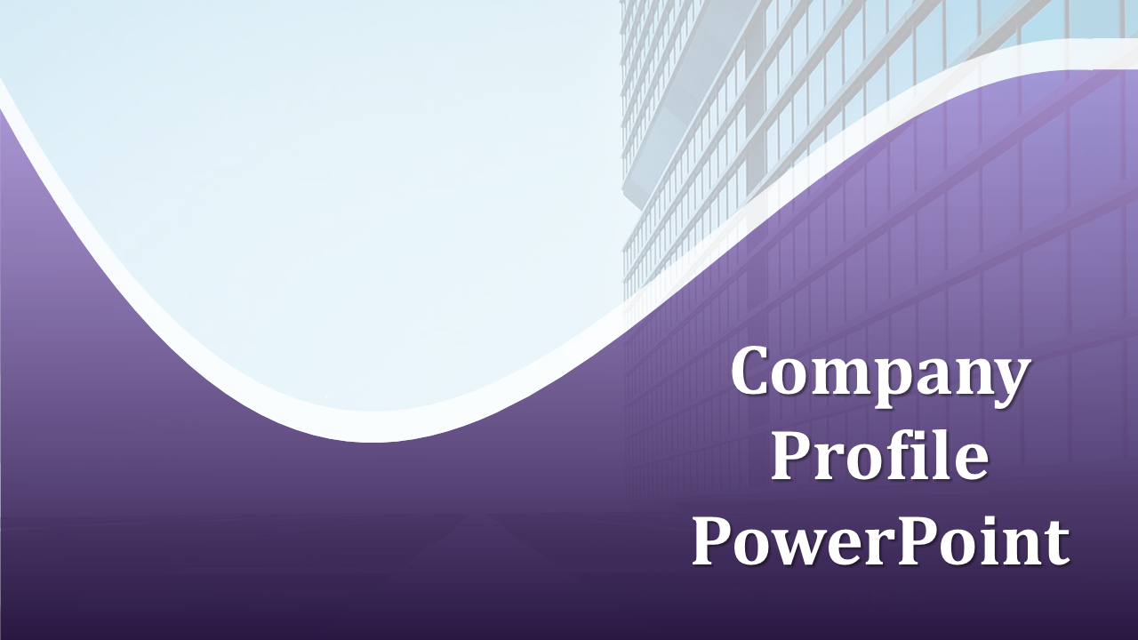 Company profile template with a purple and white wave design, including slides on company history and other slides.