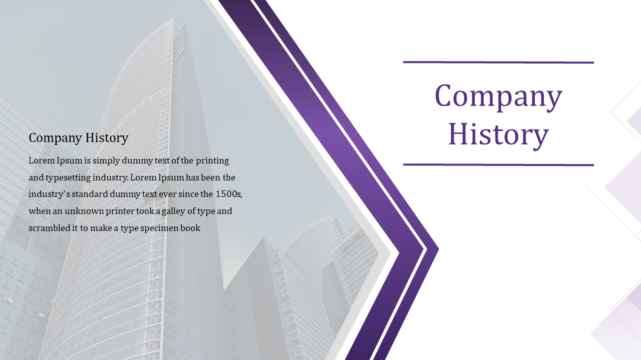 Company history slide with a purple gradient design and a modern cityscape background with description.