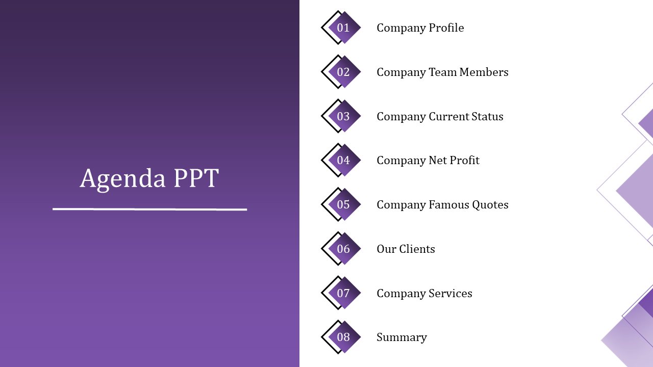 Agenda slide with a purple gradient background and eight diamond shaped agenda points in white theme.