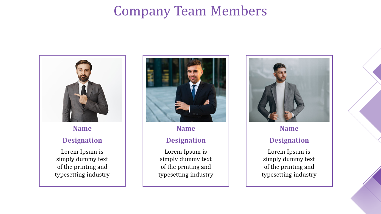 Company Team Members slide with three individuals in formal attire, each with their name, designation, and placeholder text.