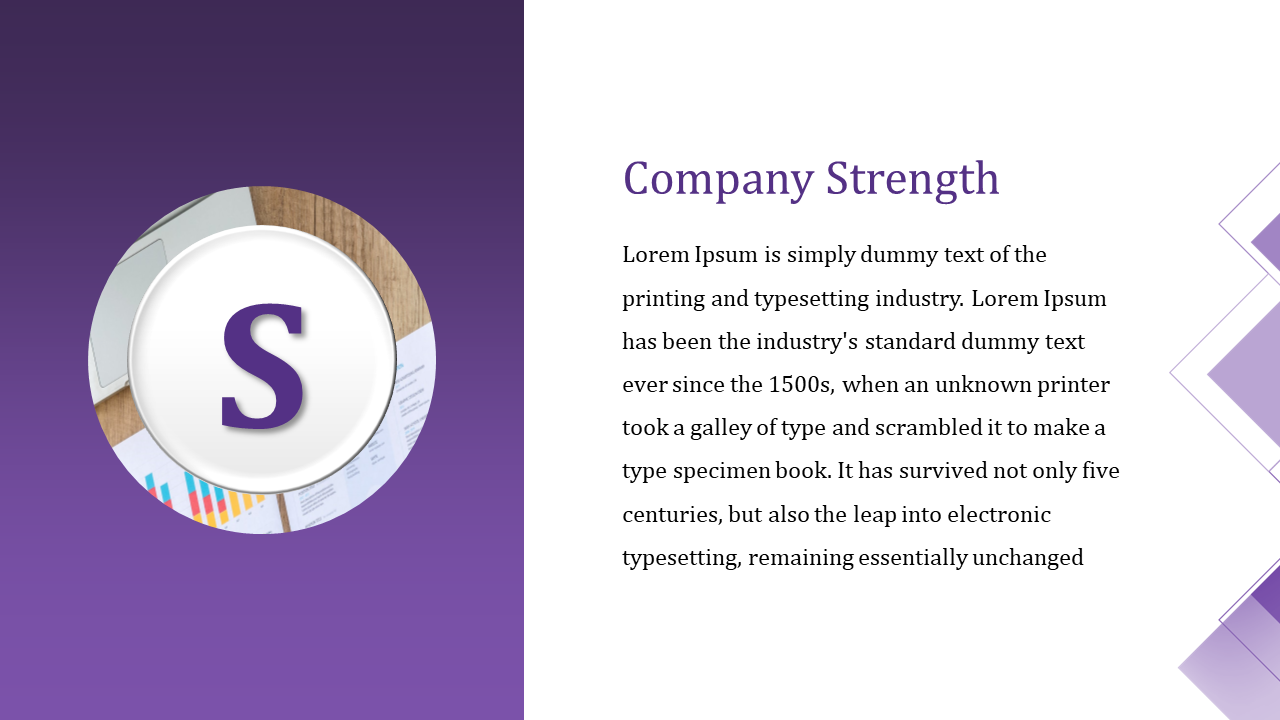 A circular icon with the letter S on a desk with papers and a laptop, accompanied by text explaining company's strength.