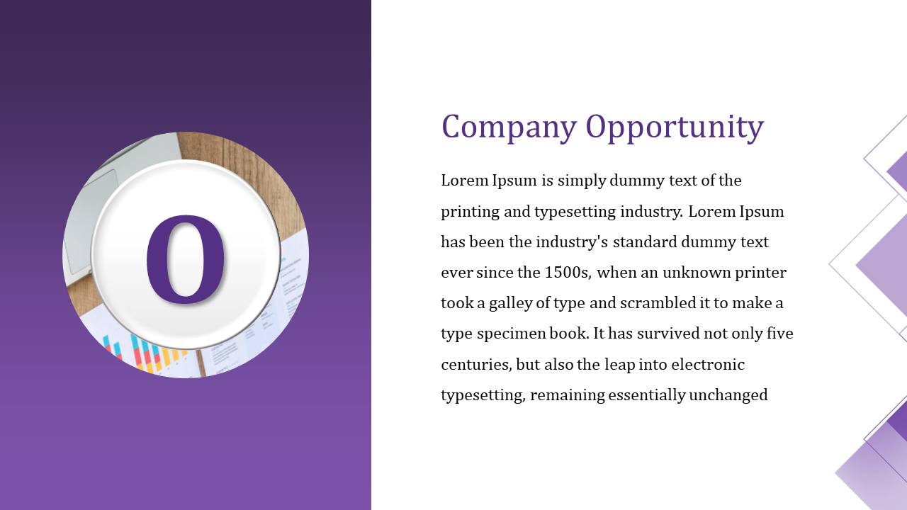 A circular icon with the letter O is displayed on a desk with papers and charts, alongside text on a purple backdrop.