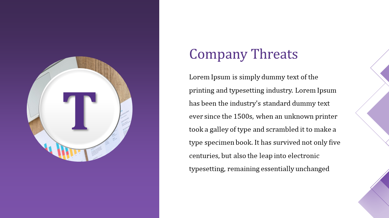 A circular icon with the letter T is displayed on a desk with papers and charts, alongside text on a purple backdrop.
