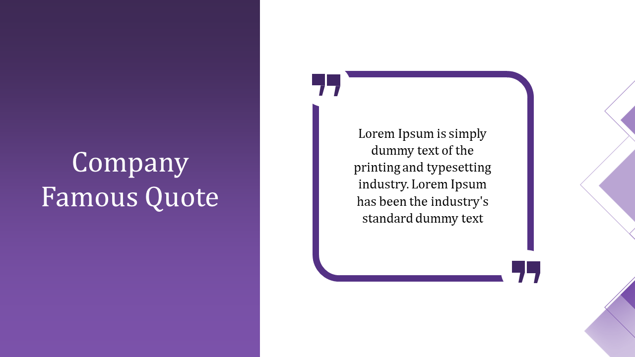 A slide displaying a company quote inside quotation marks, with purple accents and placeholder text.