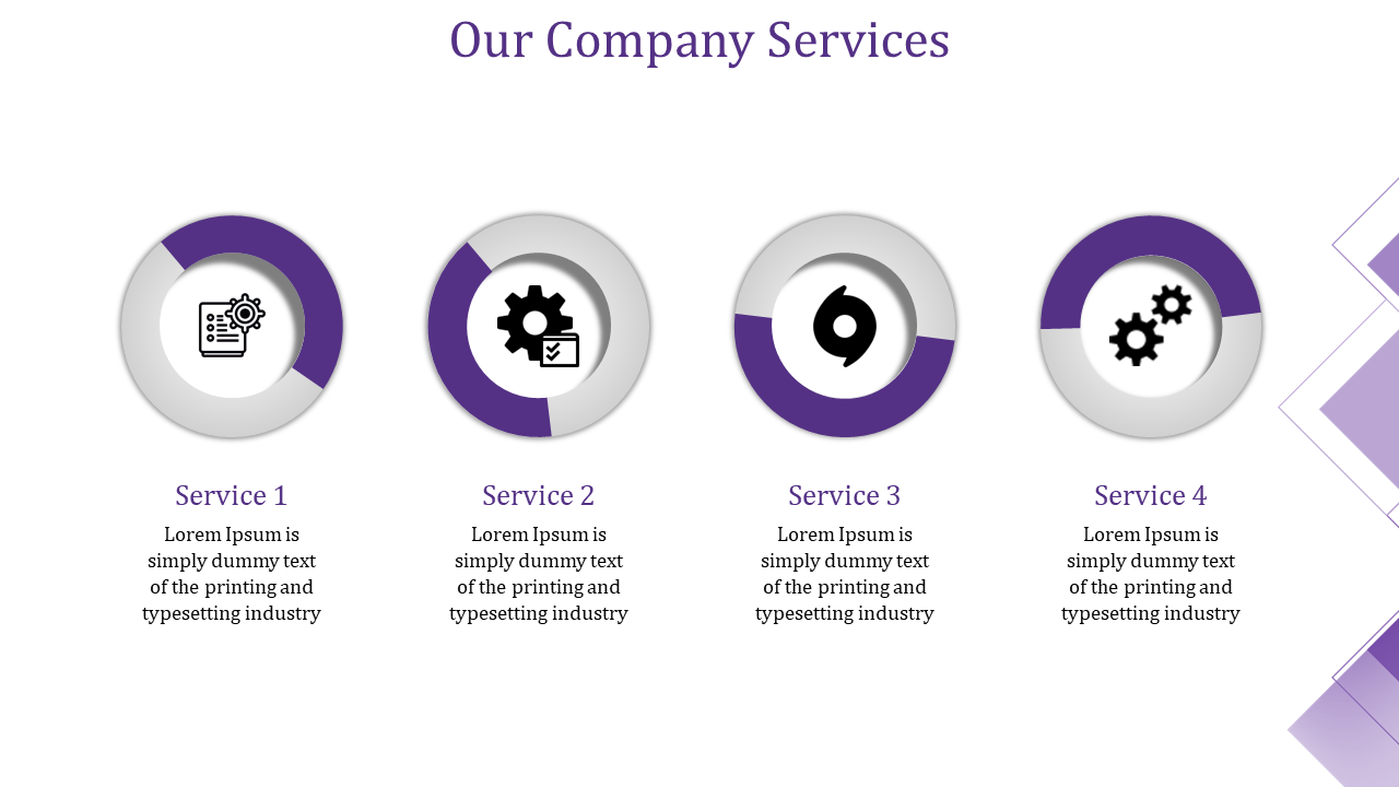 Four circular icons representing services with brief descriptions beneath each, on a purple and white background.