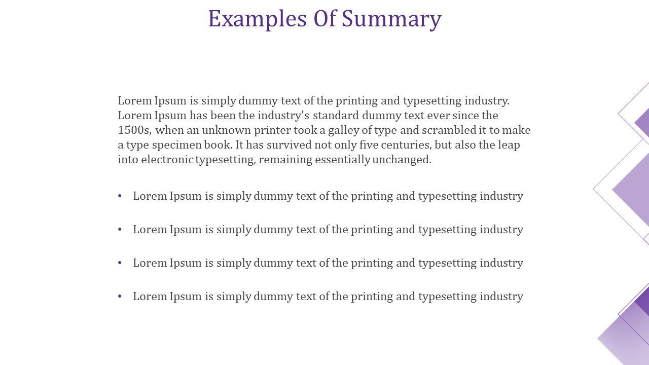 Example of a summary slide with bullet points and placeholder text describing the history of typesetting and printing.
