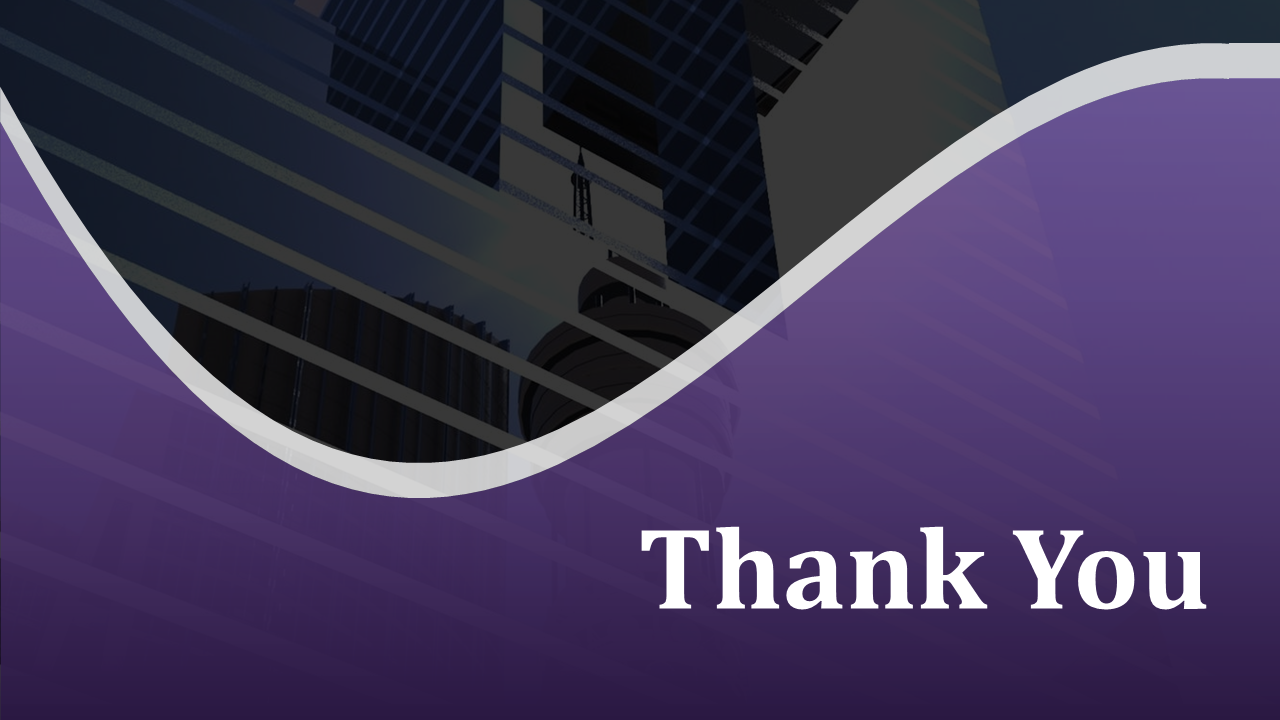 Thank you slide with a cityscape background and a purple gradient design.