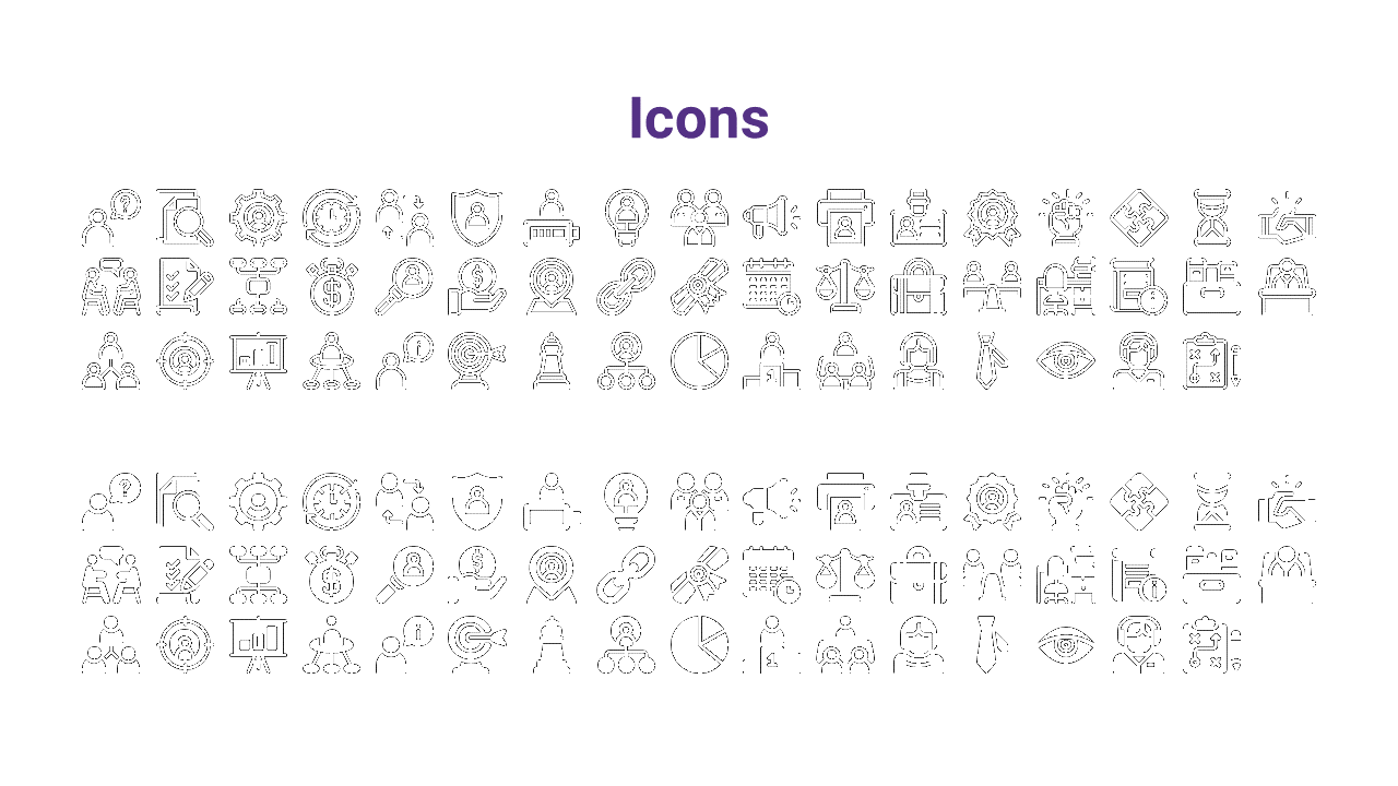 Set of black business related icons including people, tools, charts, and communication symbols on a white backdrop.