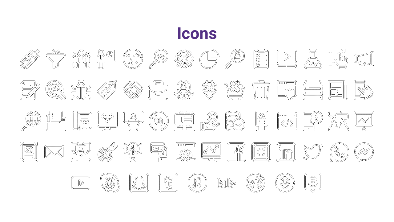 Set of business and social media related icons including charts, people, communication, and technology on a white backdrop.