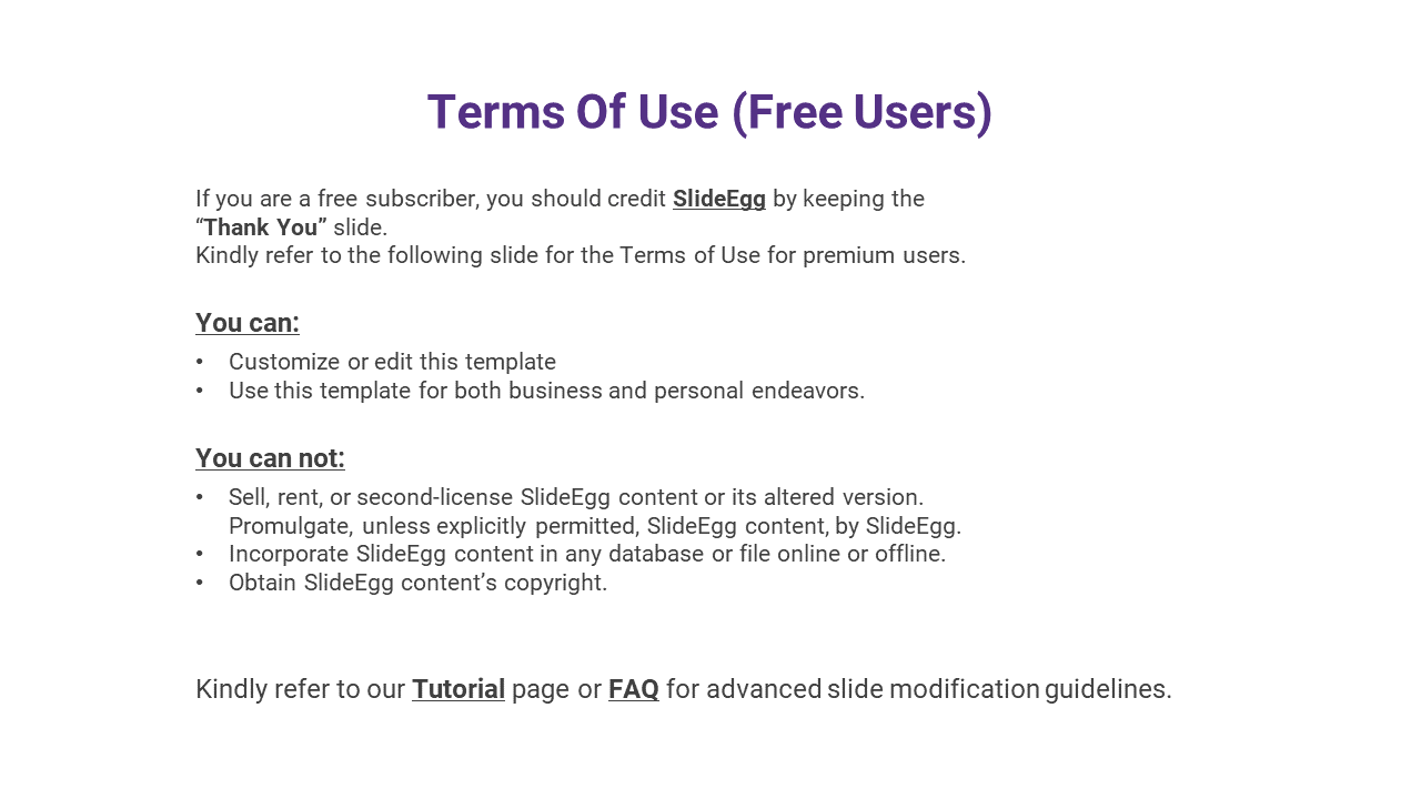 Terms of use for free SlideEgg users, including guidelines on customizing templates and the prohibition on white backdrop.