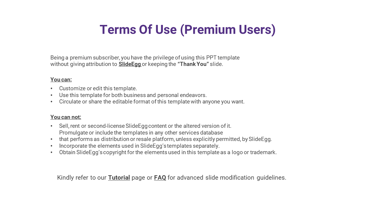 SlideEgg premium users terms of use, including customization rights and the ability to share templates on a white backdrop.