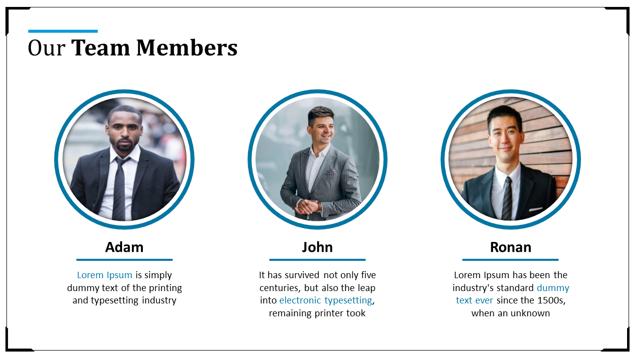 Professional team photo featuring three members, Adam, John, and Ronan, with a brief description on a white backdrop.