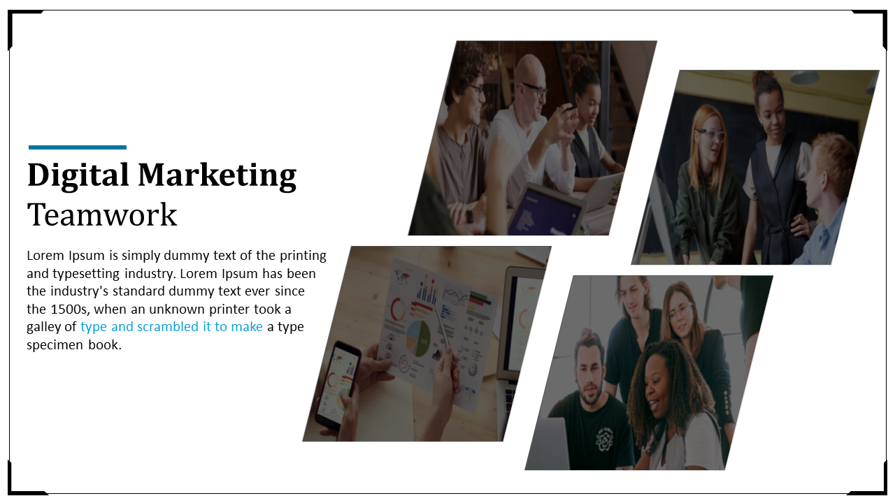 A collage of digital marketing teamwork photos showcasing groups collaborating on marketing strategies and analyzing data.
