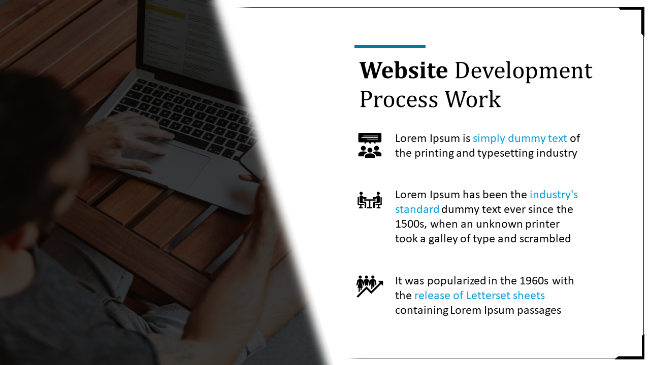 A person working on a laptop, showcasing the website development process with icons representing communication and teamwork.