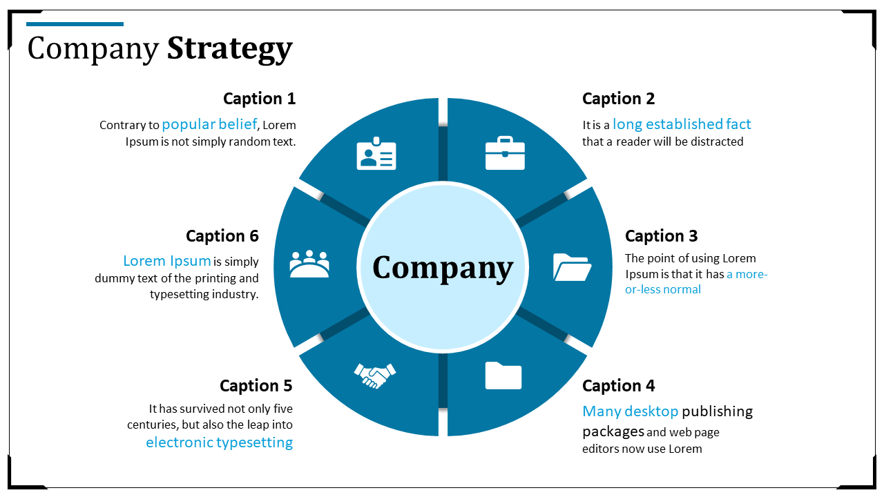 A strategic circular colorful diagram showcasing various company elements with labeled captions on a white theme.