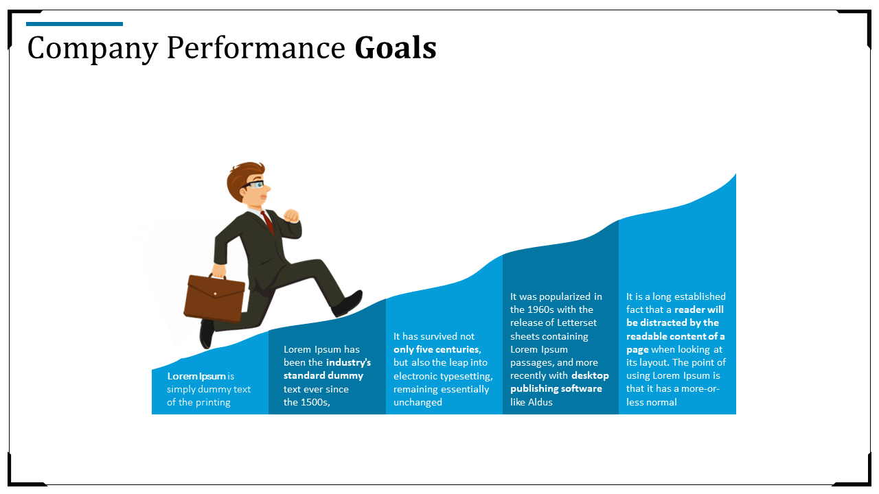 An illustration of a businessperson climbing a series of blue steps, representing company performance goals, with captions.
